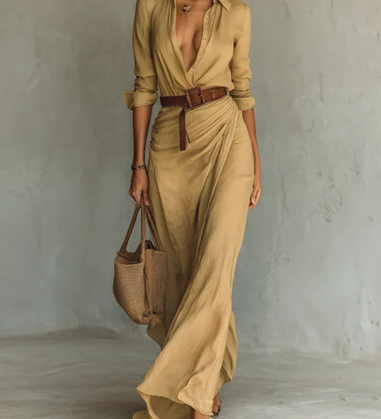 Kiara - Maxi Dress with Notched Collar and Long Sleeves