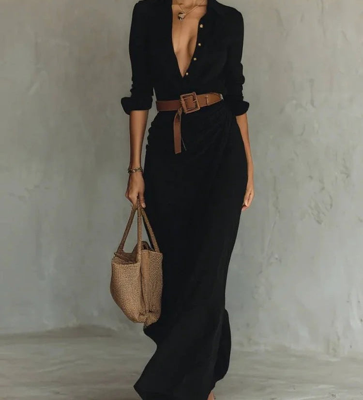 Kiara - Maxi Dress with Notched Collar and Long Sleeves