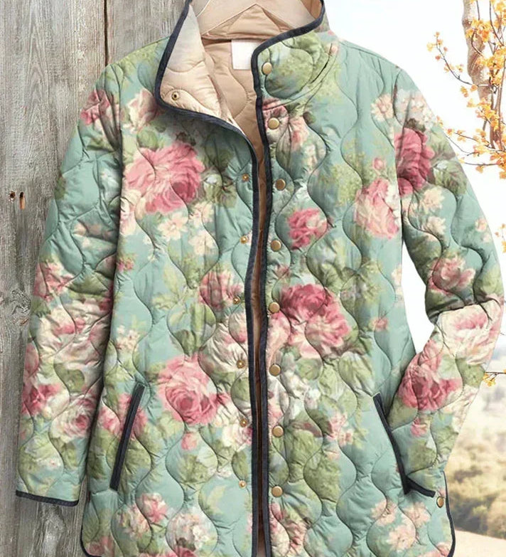 Gesa™ | Quilted Jacket with Large Roses in Sage