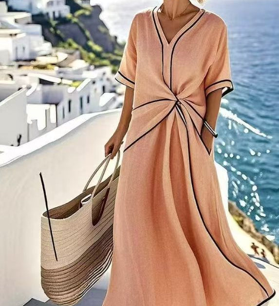 Linnea - Midi Dress with V-Neck, Short Sleeves, and Gathered Waist