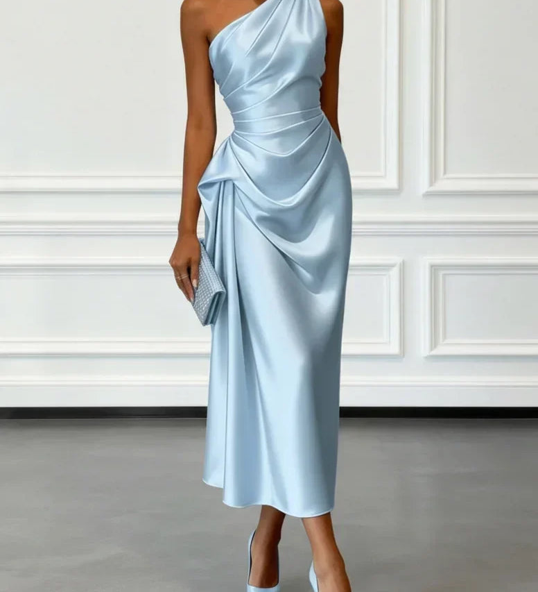 Caille - Sleeveless Satin Midi Dress in Champagne with Ruffles, One-Shoulder