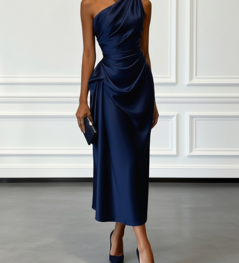 Caille - Sleeveless Satin Midi Dress in Champagne with Ruffles, One-Shoulder