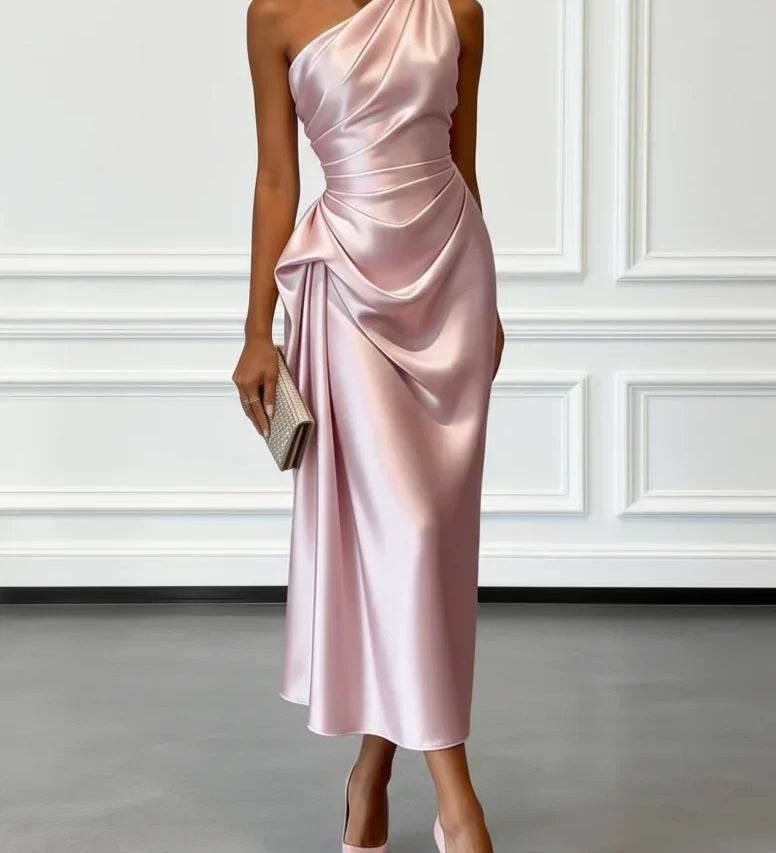 Caille - Sleeveless Satin Midi Dress in Champagne with Ruffles, One-Shoulder