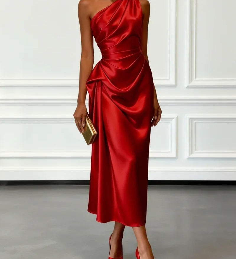 Caille - Sleeveless Satin Midi Dress in Champagne with Ruffles, One-Shoulder