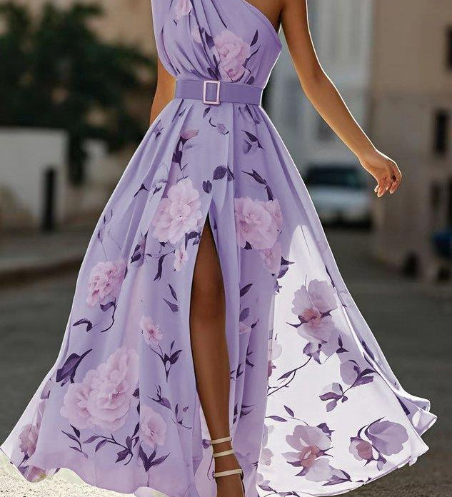 Sella - A-Line Chiffon Maxi Dress, One-Shoulder, with Ruching