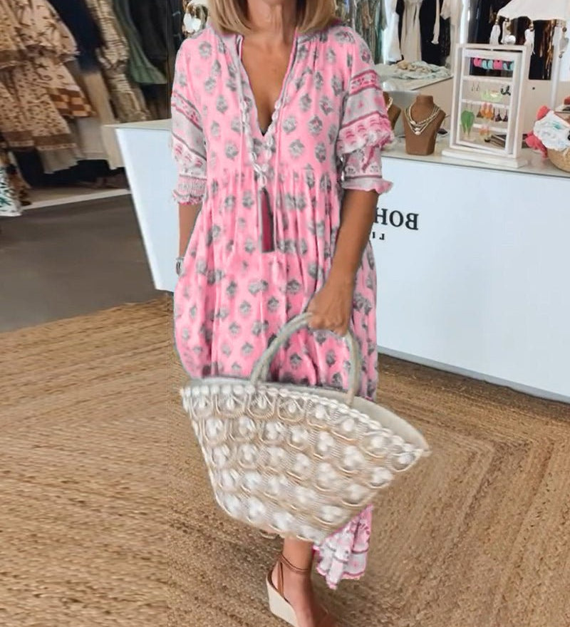 MANA | MIDI DRESS WITH FLORAL PATTERNS AND V-NECK