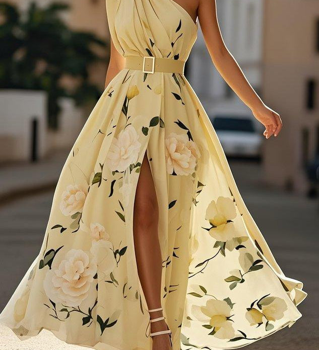 Sella - A-Line Chiffon Maxi Dress, One-Shoulder, with Ruching