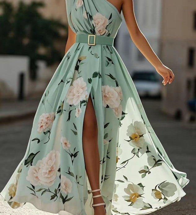 Sella - A-Line Chiffon Maxi Dress, One-Shoulder, with Ruching