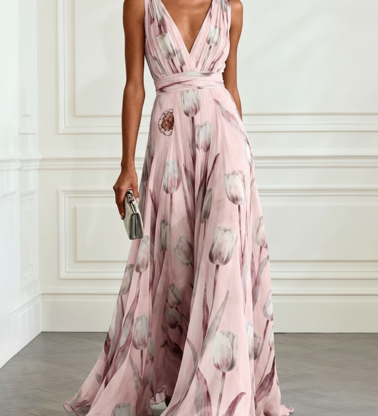 Nerea - Elegant Maxi Dress with Tulip Print and V-Neck