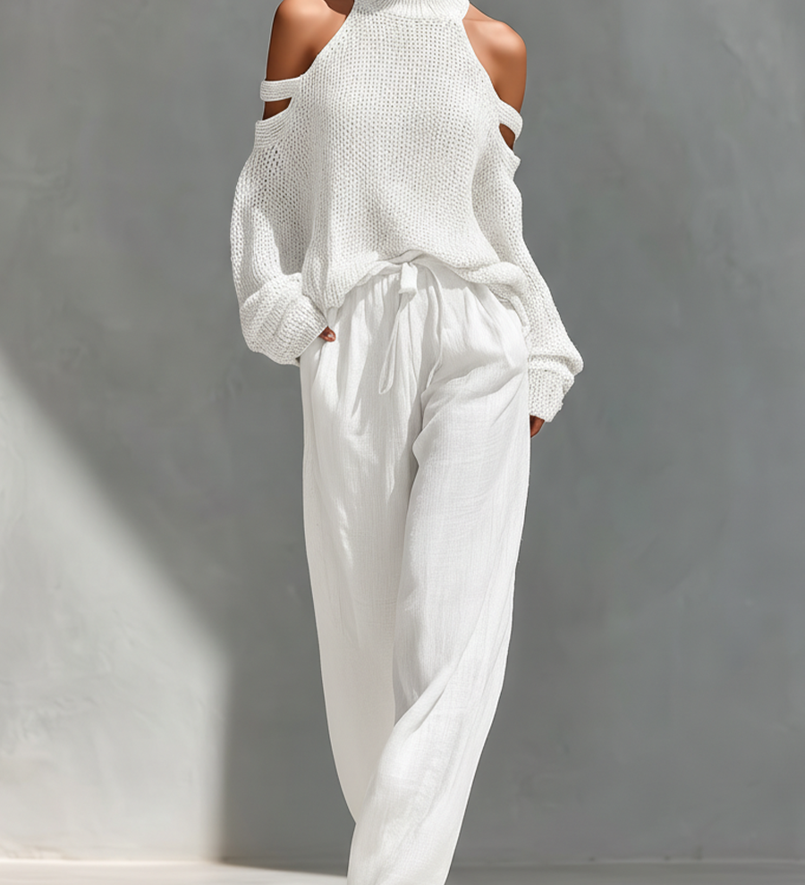 Thalia - Beige Set of Off-Shoulder Knit Top and Wide Pants