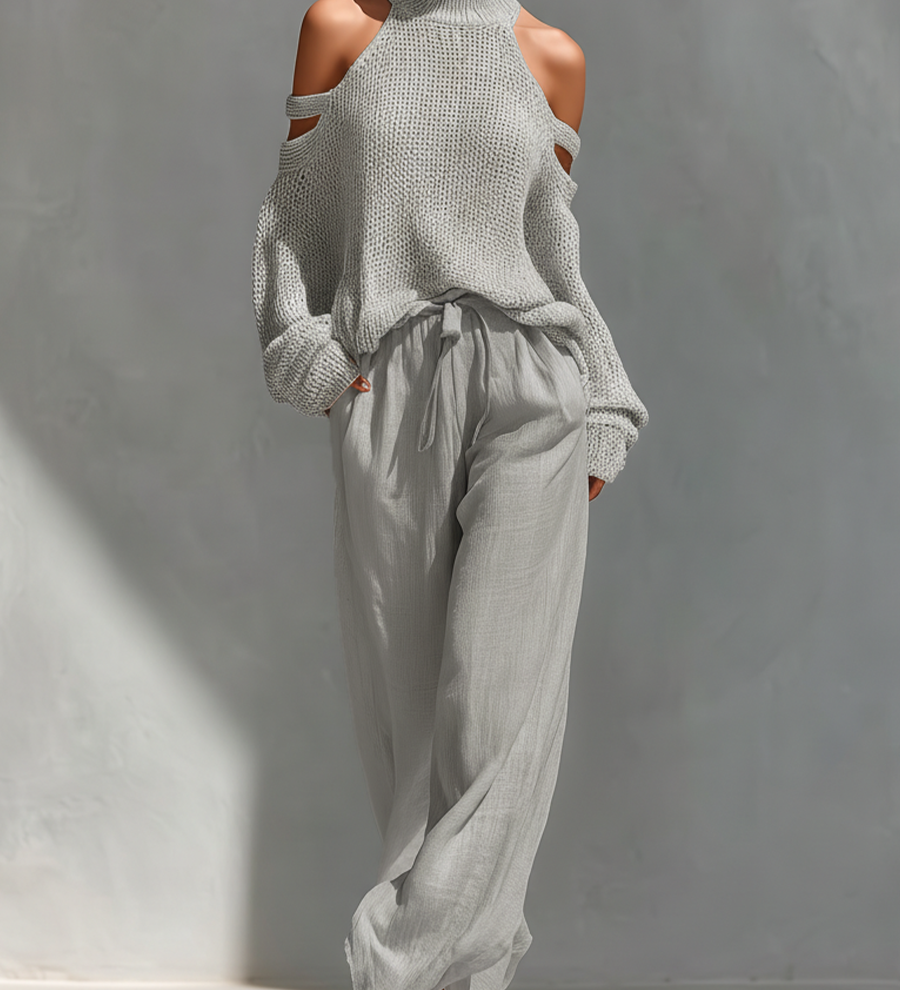 Thalia - Beige Set of Off-Shoulder Knit Top and Wide Pants