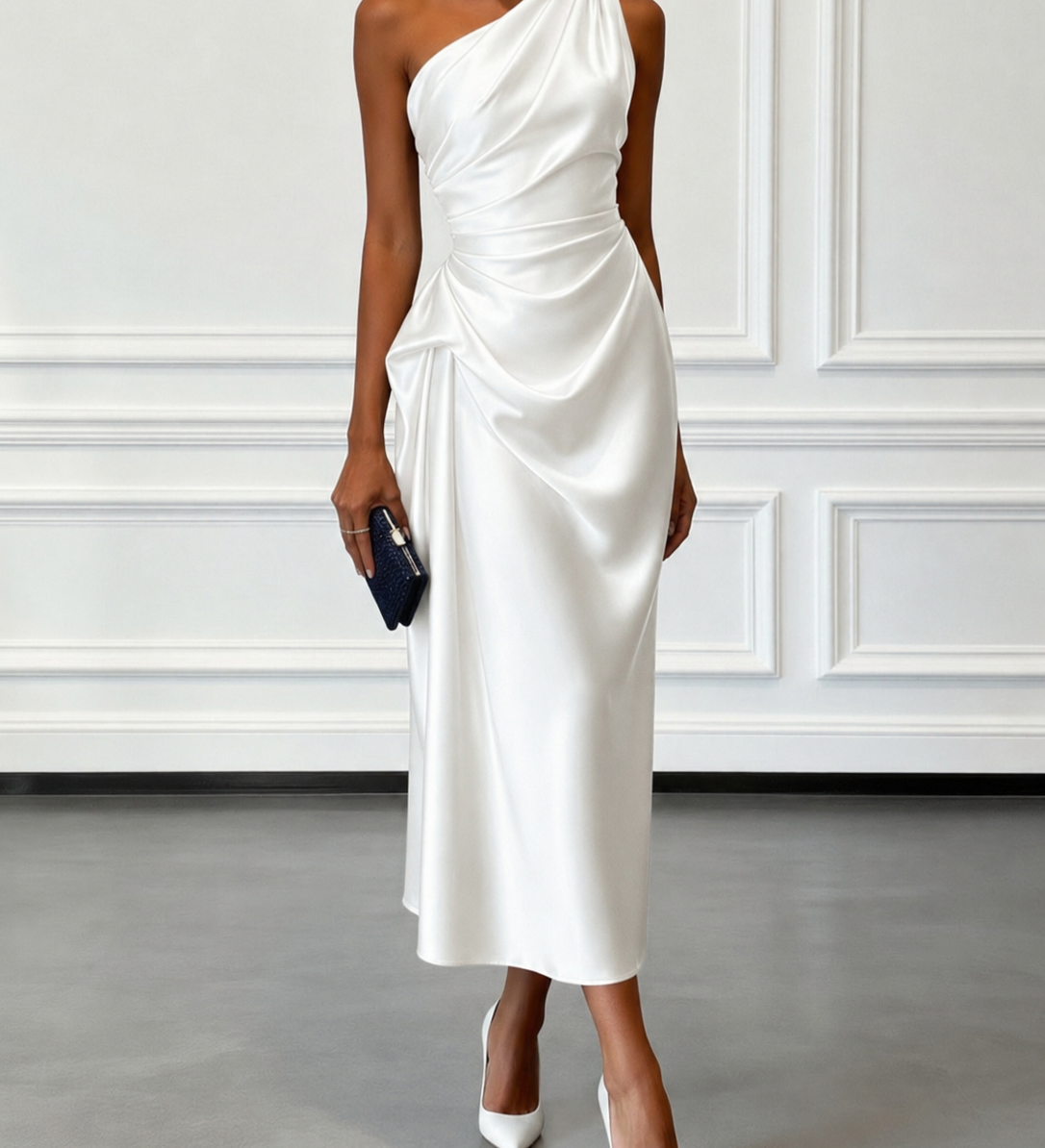 Caille - Sleeveless Satin Midi Dress in Champagne with Ruffles, One-Shoulder