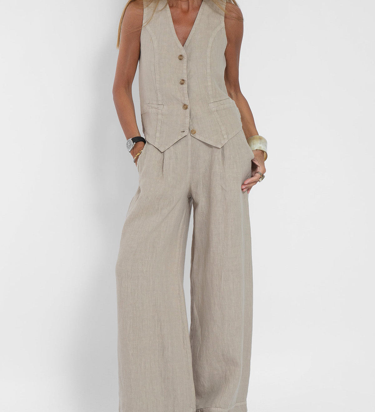 Aira - Vest Set with Buttons & Wide Pants