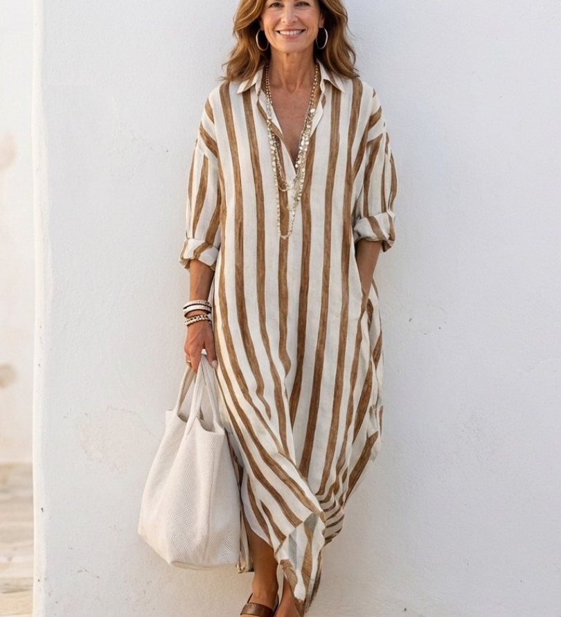 Naomi - Striped Midi Shirt Dress with Long Sleeves
