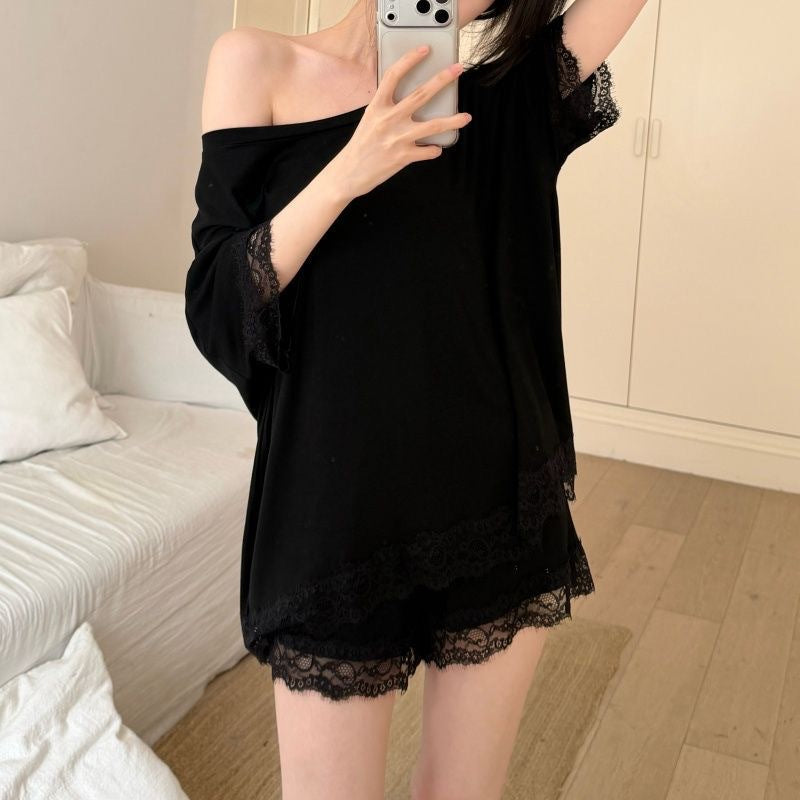Alice - Satin Top with Boat Neck and Chocolate Brown Shorts