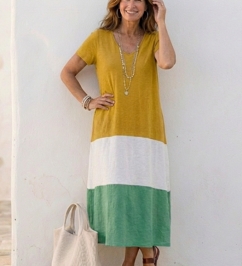 Thalia - Midi Dress with V-Neck, Short Sleeves, and Colour Blocking