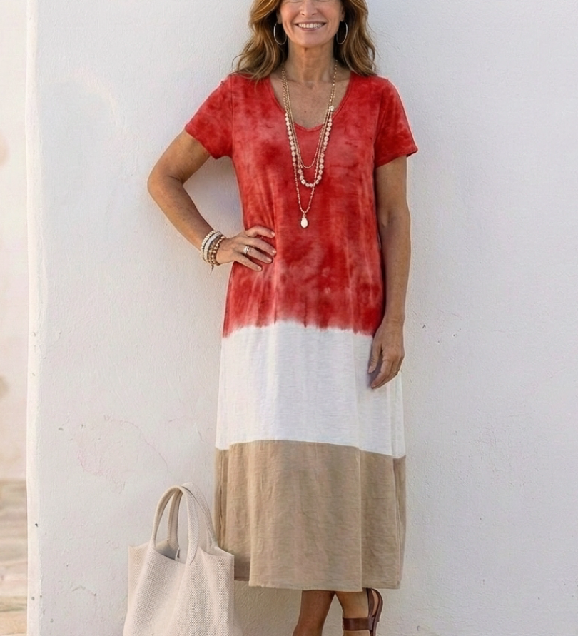 Thalia - Midi Dress with V-Neck, Short Sleeves, and Colour Blocking