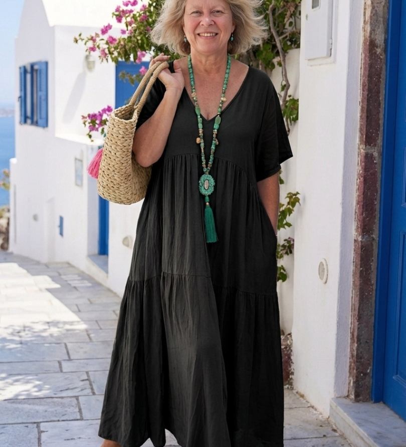 Zinnia - Blue Tiered Maxi Dress with Short Sleeves