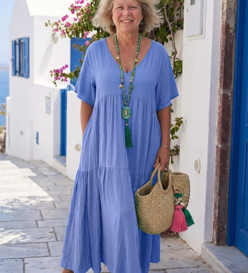 Zinnia - Blue Tiered Maxi Dress with Short Sleeves