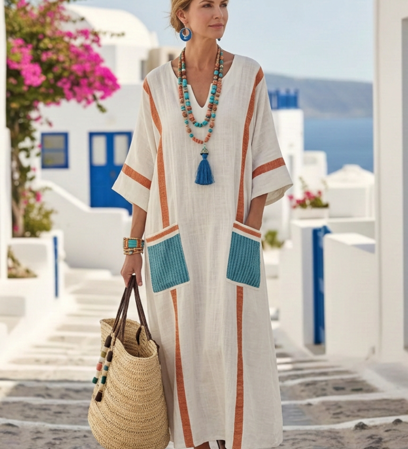Noemi - Maxi Dress with V-Neck, Half Sleeves, and Pockets