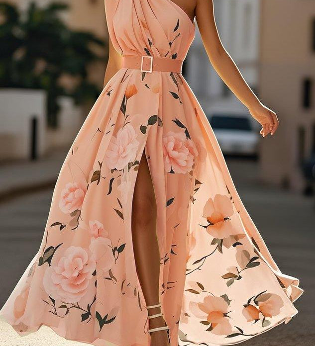 Sella - A-Line Chiffon Maxi Dress, One-Shoulder, with Ruching