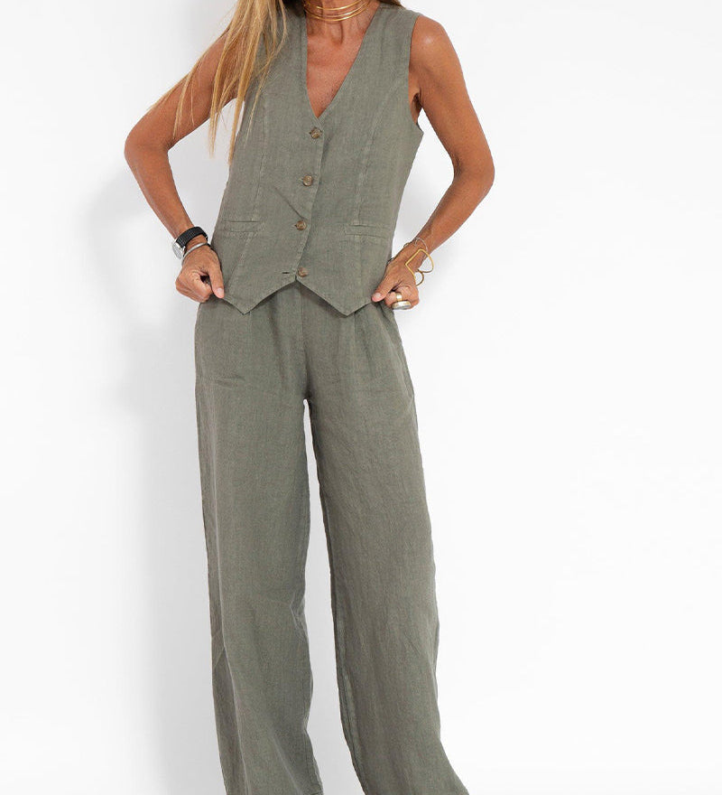 Aira - Vest Set with Buttons & Wide Pants