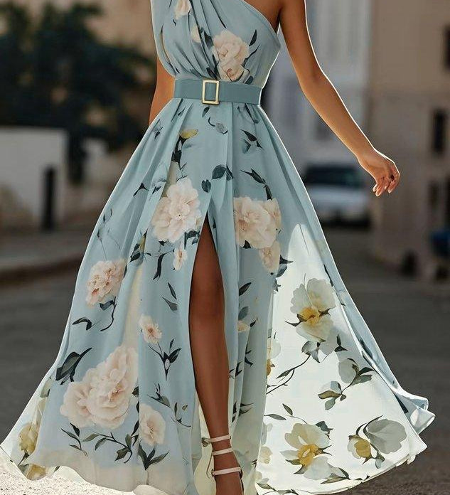 Sella - A-Line Chiffon Maxi Dress, One-Shoulder, with Ruching