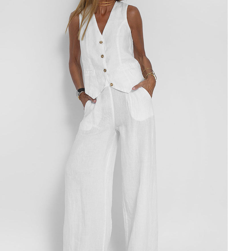 Aira - Vest Set with Buttons & Wide Pants