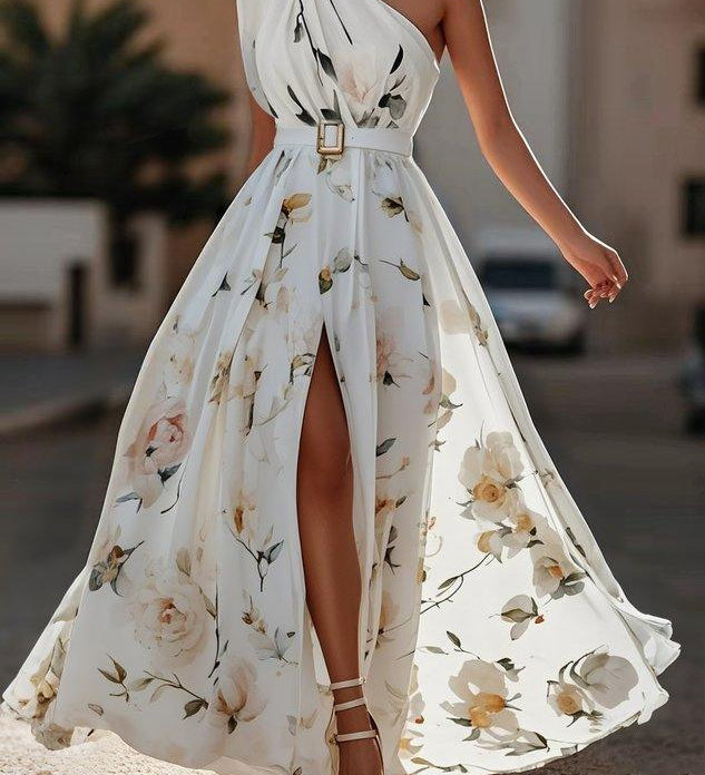 Sella - A-Line Chiffon Maxi Dress, One-Shoulder, with Ruching