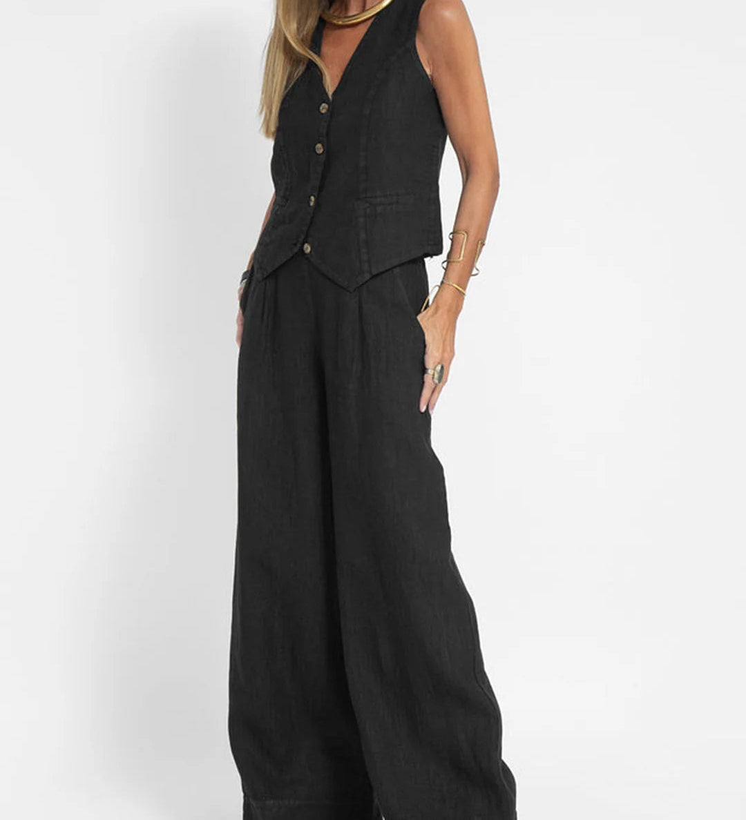 Aira - Vest Set with Buttons & Wide Pants