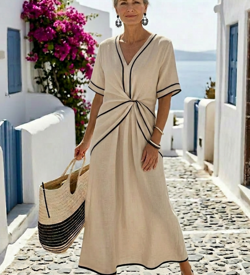 Linnea - Midi Dress with V-Neck, Short Sleeves, and Gathered Waist