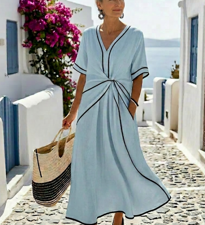 Linnea - Midi Dress with V-Neck, Short Sleeves, and Gathered Waist