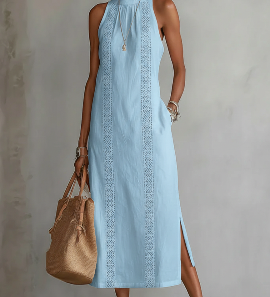 Jimena - Linen Midi Dress with Mao Collar