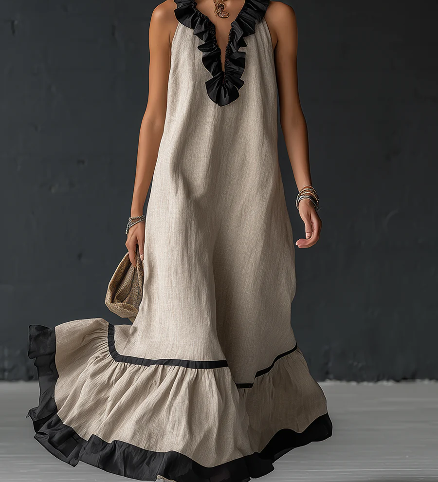 Celestine - Maxi Dress with Colour Blocking and Ruffles