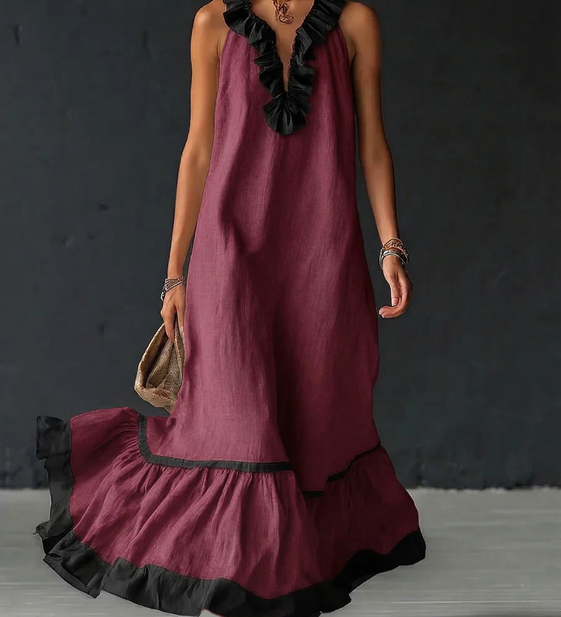 Celestine - Maxi Dress with Colour Blocking and Ruffles