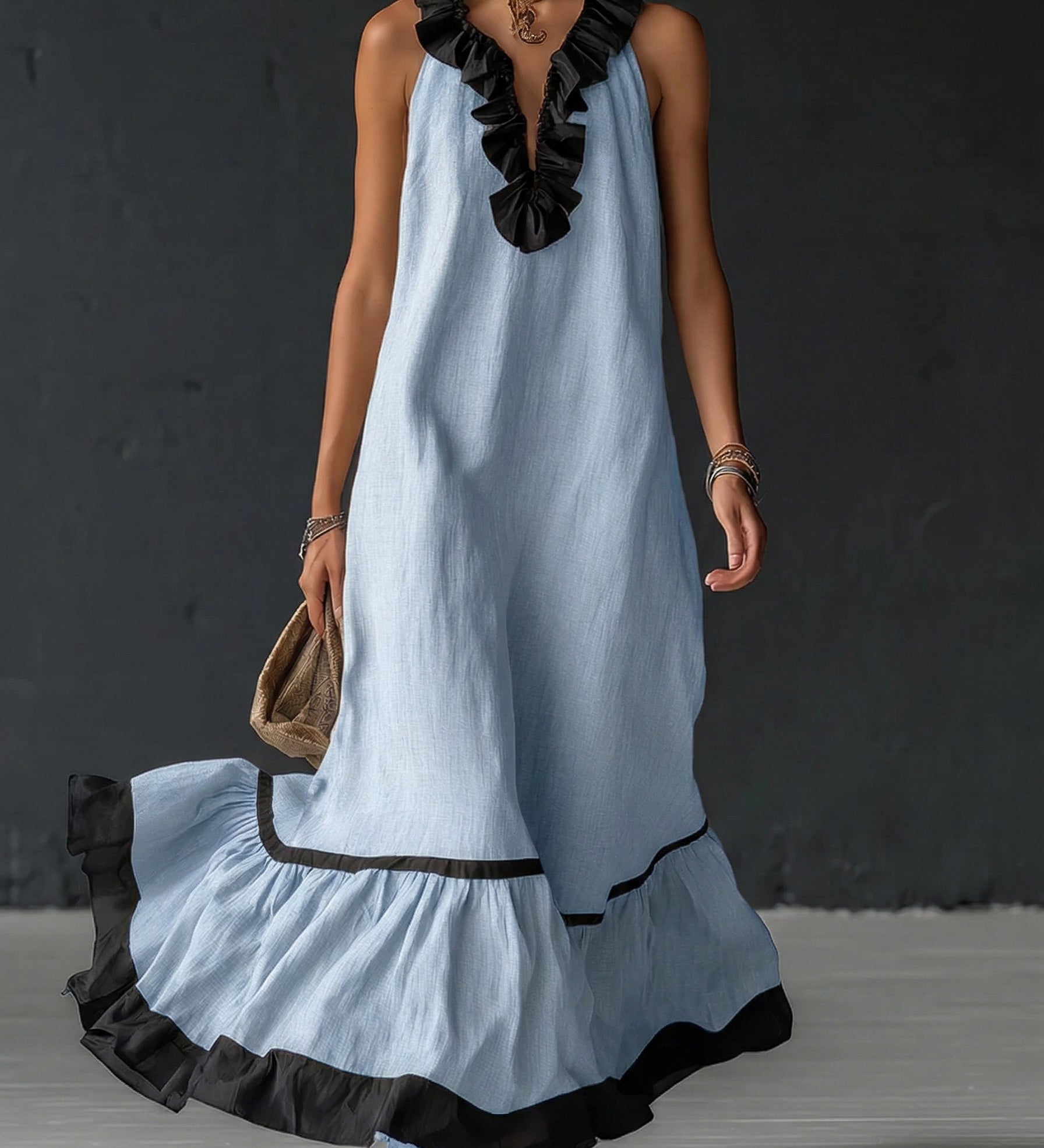 Celestine - Maxi Dress with Colour Blocking and Ruffles