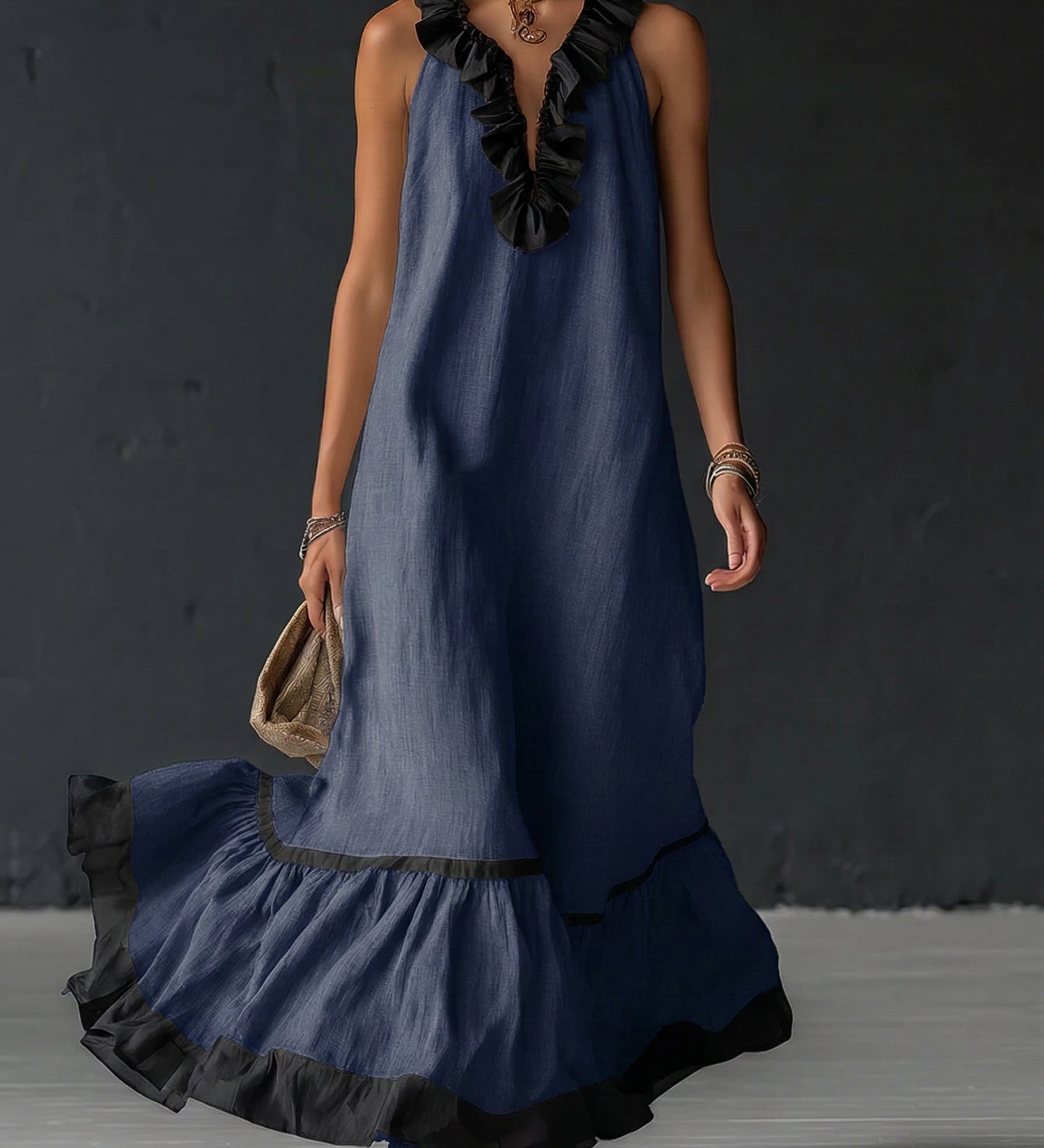 Celestine - Maxi Dress with Colour Blocking and Ruffles