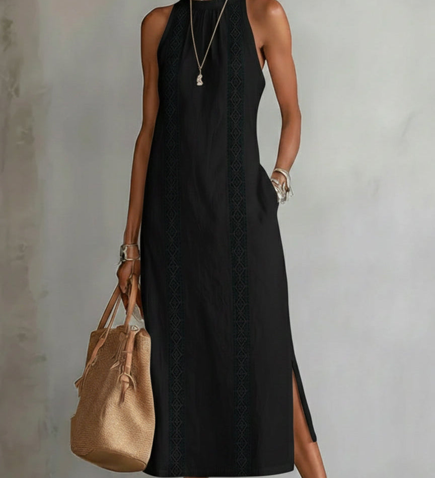 Jimena - Linen Midi Dress with Mao Collar